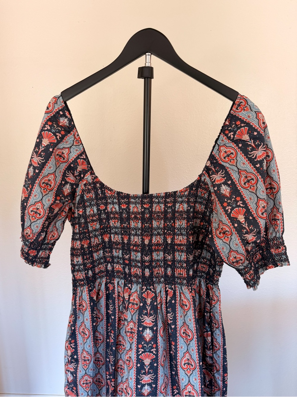 Hill House - Smocked Square-Neck Maxi Dress in Navy and Coral - Picture 5 of 5